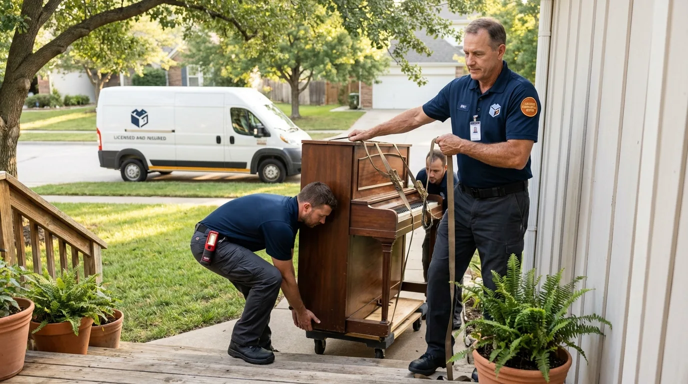Licensed piano movers securing grand piano in Brookside, AL