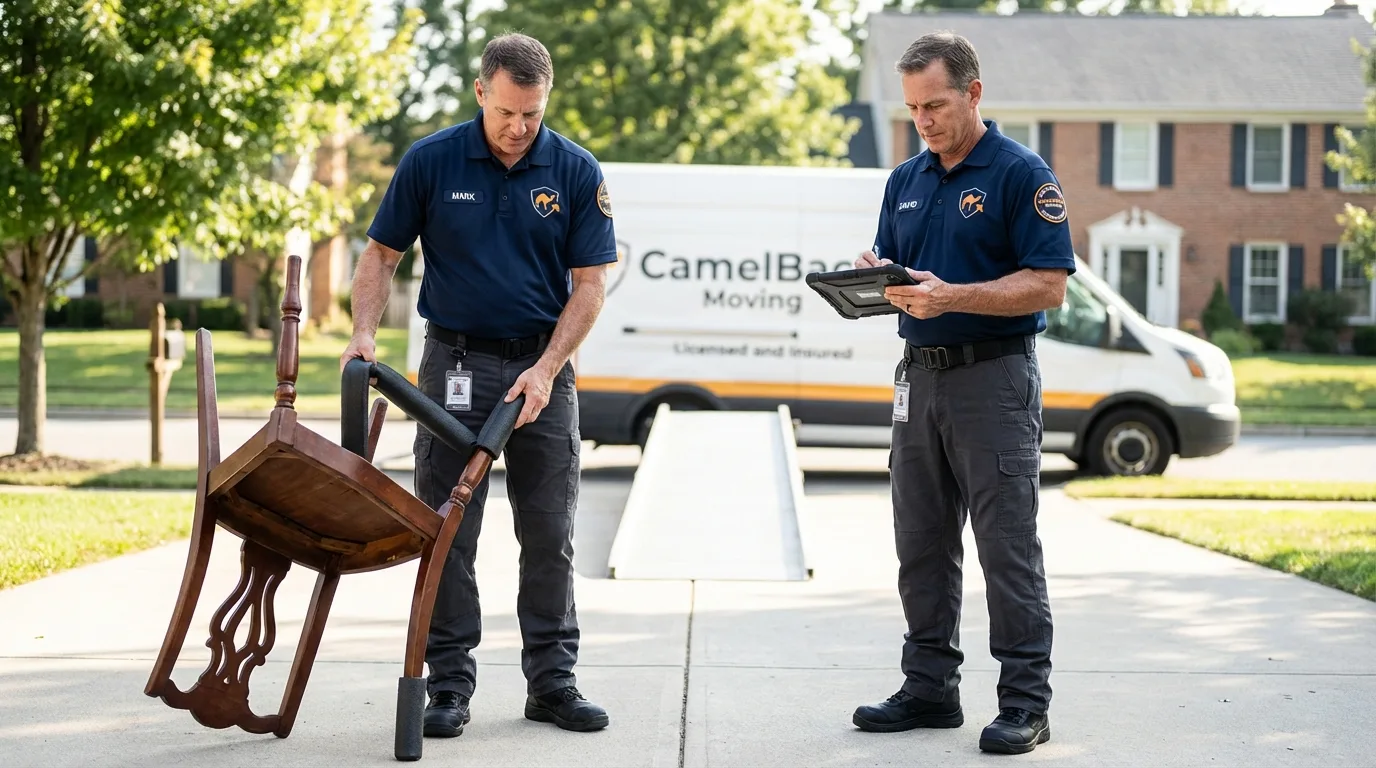 Movers inspecting furniture for damage prevention before loading in Brookside, AL
