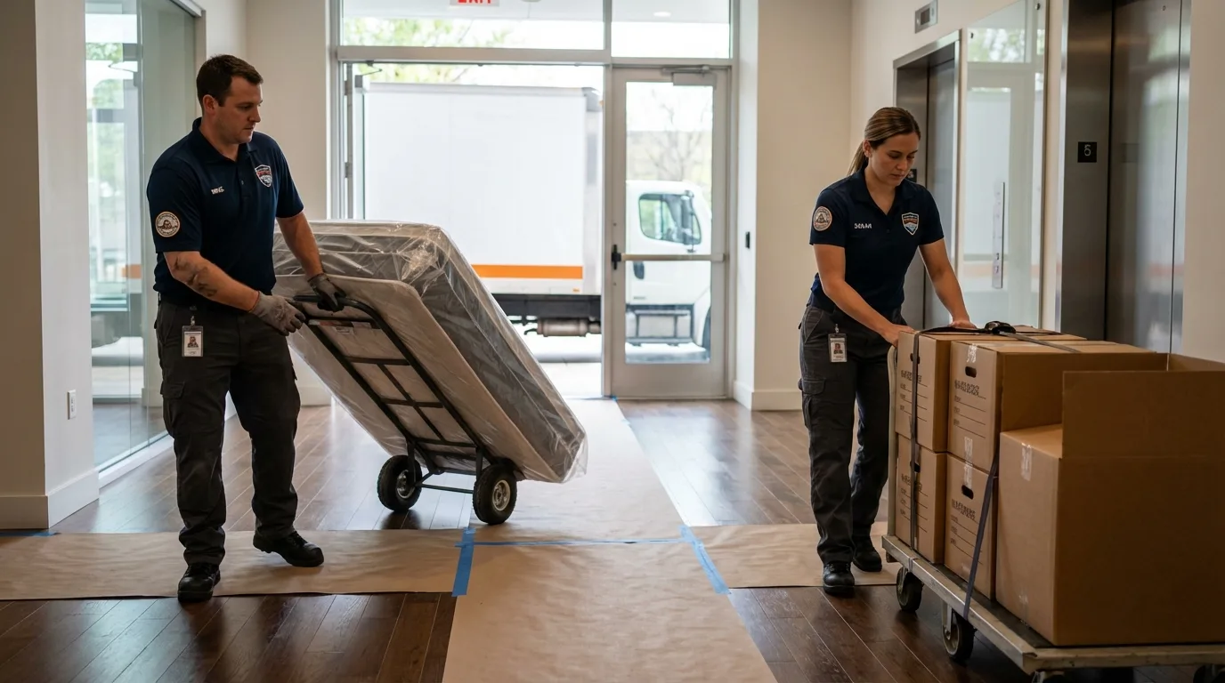 Professional apartment movers loading elevator in Brookside, AL